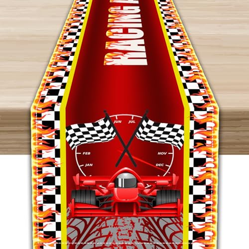 Racing Car Table Runner,Black Red White Pattern with Start Flag Race Cars Decor for Kids Party Dinner Festival Farmhouse Holiday Dining Room, 13"x36" - color: Car-1, size: 13"X36"