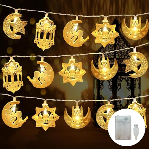 Ramadan Decorations for Home Ramadan Lights 13FT 20LED USB or Battery Operated 8 Modes Timer Iron Star Moon Fairy Twinkle Lights Eid Mubarak Decor Warm White (Metal R20) - color: Metal R20