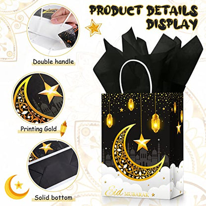 Censen 16 Sets Eid Mubarak Gift Bags with Tissue Paper, Ramadan Goodies Bags for Ramadan Party Supplies Favor (Black) - color: Black