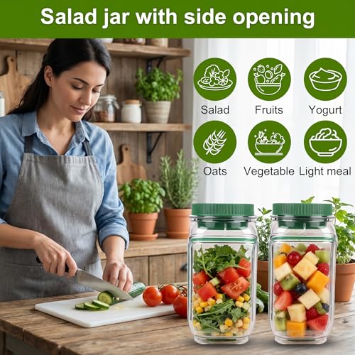 2025 New Side-Opening Salad Jar - Leakproof Mason Jar Container, Dishwasher Safe, All-in-One Meal Prep Solution for Fresh Lunches On-the-Go(2PC) - color: 2PC