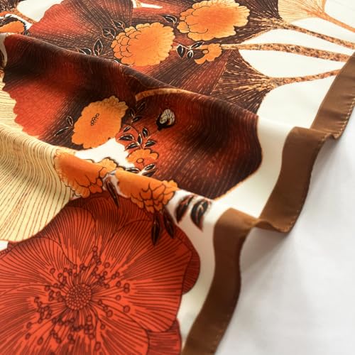 FONYVE Silk Feeling Scarf Medium Square Satin Head Scarf for Women 27.5 × 27.5 inches - color: 03 Orange & Brown Flowers