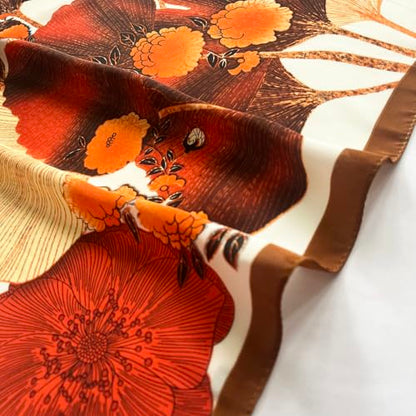 FONYVE Silk Feeling Scarf Medium Square Satin Head Scarf for Women 27.5 × 27.5 inches - color: 03 Orange & Brown Flowers