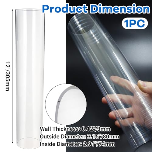 Luomorgo Clear PC Rigid Tubing Pipe, 1 Pack, Round Plastic Tube | 2.91 Inch (74mm) ID x 3.15 Inch (80mm) OD x 12 Inch (305mm) Length, for Fish Tank, Water Pipe & DIY Lighting - size: 74mmx80mm
