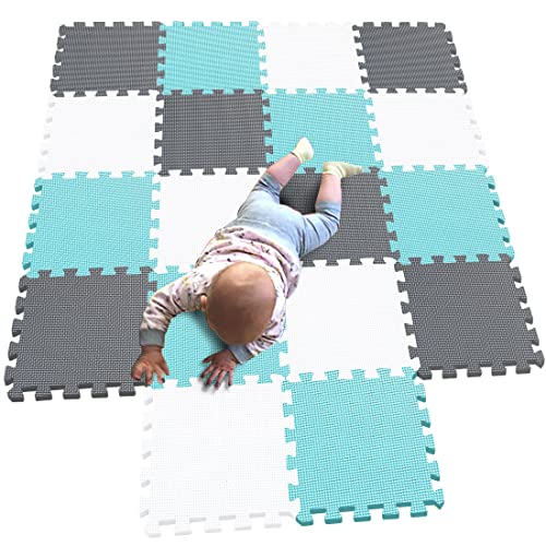 MQIAOHAM® 18 Pieces Puzzle Play Mats, Soft Baby Play Mat, Kids Interlocking Foam Floor Tiles, Carpet Playmats G301018-101108112 - color: White Green Grey