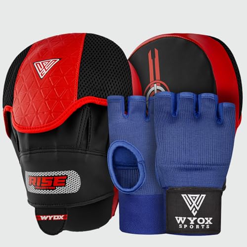 WYOX Boxing Hand Wraps Inner Gloves & Curved Focus Mitts Bundle for Men & Women Adults – 80cm Wrist Support, Gel Padding, MMA Muay Thai Kickboxing Training Gloves & Pads