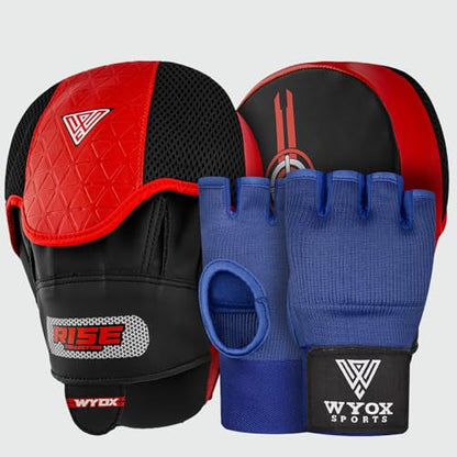 WYOX Boxing Hand Wraps Inner Gloves & Curved Focus Mitts Bundle for Men & Women Adults – 80cm Wrist Support, Gel Padding, MMA Muay Thai Kickboxing Training Gloves & Pads
