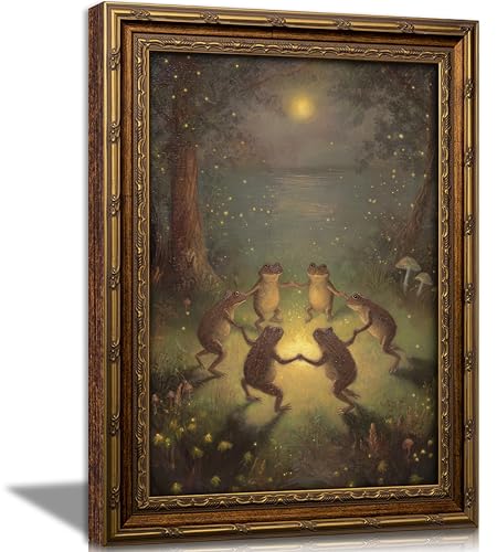 Vintage Gold Framed Frog Wall Art,Frogs Dancing in Moonlight Forest Painting Canvas Prints,Whimsical Animal Wall Decor,Retro Country Toad Poster Artwork,for Corridor Living room Bedroom Kitchen - color: Frog, size: 16"L x 12"W