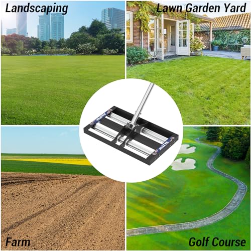 Updated Lawn Leveling Rake 17"x10", Lawn Leveler with Aluminum Rollers | Yard Leveling Rake Stainless Steel with 27-80" Adjustable Handle, Heavy-Duty Lawn Rake Suit for Garden, Golf Lawn, Farm - size: 17''x10'' With Roller (Black)