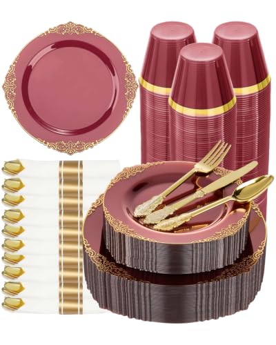 Bestluck 175PCS Burgundy Disposable Dinnerware for 25 Guests - color: Clear Burgundy, size: 25 Guests Set