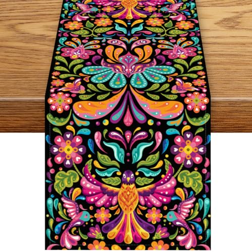 Mexican Fiesta Table Runner, Rustic Colorful Mexico Dia De Los Muertos Floral Birds Day of The Dead Boho Black Coffee Table Center Decor for Kitchen Holiday Home Party Table Decorations, 13"x36" - color: Mexican-4, size: 13“ X 36"
