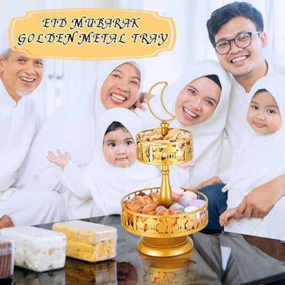 가정용 2단 라마단 서빙 트레이 장식 2개 - 2가지 스타일 이드 무바라크 금속 플래터 테이블 장식 선물, 골든 케이크 홀더, 이슬람 무슬림 알피트르 이프타르 파티 음식 디스플레이 접시