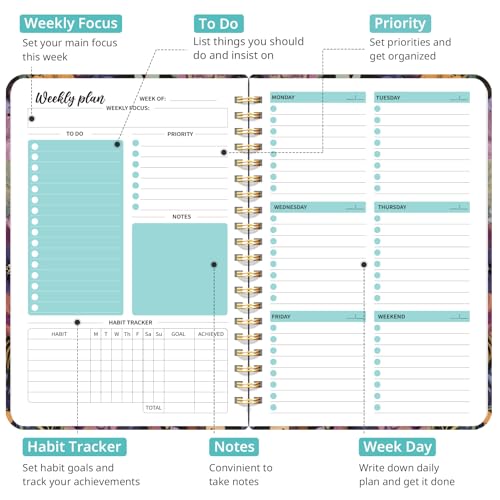Taja Undated Weekly Planner, Weekly To Do List Notebook with Goal & Habit Tracker Organizer, A5 Weekly Planner Notebook with Spiral Binding, 6.1" x 8.2" - Midnight Bloom - color: s.Midnight Bloom
