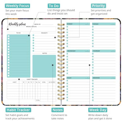 Taja Undated Weekly Planner, Weekly To Do List Notebook with Goal & Habit Tracker Organizer, A5 Weekly Planner Notebook with Spiral Binding, 6.1" x 8.2" - Midnight Bloom - color: s.Midnight Bloom
