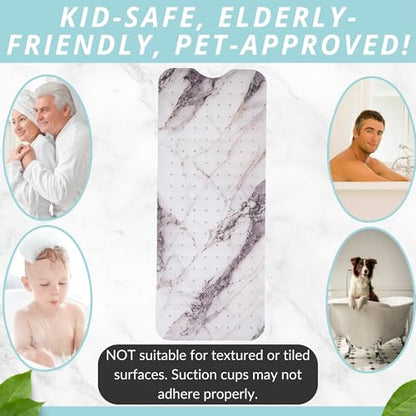 ENKOSI Non-Slip Bath & Shower Mat 40x16 Extra Long, Suction & Drain Holes | Elegant Grey Marble print; Durable PVC; 40x16 in, Grey Marble - color: Marble Gray