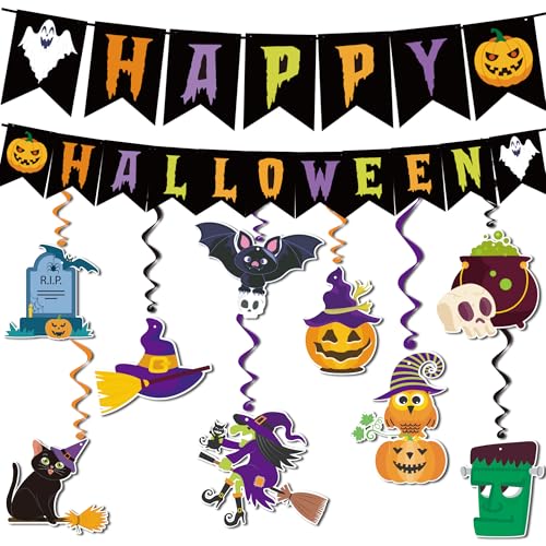 Halloween Decorations - HAPPY HALLOWEEN Banner Pumpkins Bats Witches Hanging Swirls | Halloween Party Decorations - Halloween Party Favors Supplies Accessories Merchandise for Indoor Outdoor Home Decor - color: Halloween black white