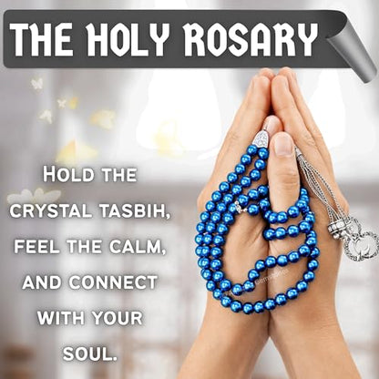 Amazing Gemstone Blue Hematite Tasbeeh with Moon and Star Charm - Certified Crystal Muslim Prayer Beads Natural Gemstone Tasbih Gift for Ramadan Dhikr and Daily Namaz (S) - color: Blue Hematite