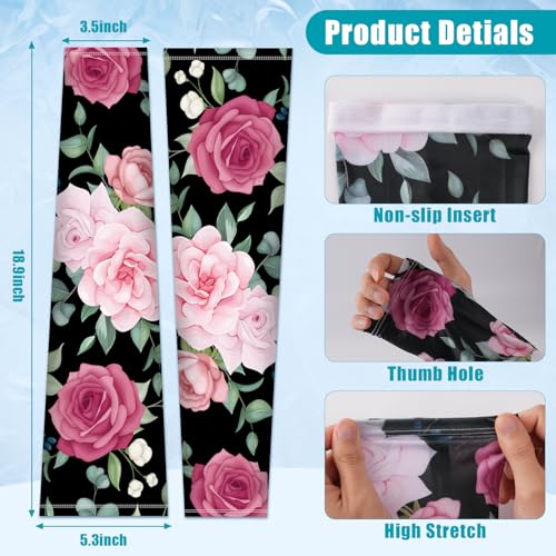 Bebila Gardening Sleeves for Women Farm UV Sun Protection Anti-Scratch Cooling Sleeves with Thumb Hole Arms Cover Outdoors - color: Black Rose
