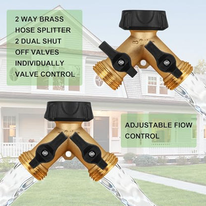 Biswing Garden Hose Splitter 2 Way, Heavy Duty Brass Connector Tap Splitter, Y Splitter 2 Valves with 2 Extra Rubber Washers - size: 2 Way