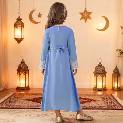 FYMNSI Kids Girls Muslim Abaya Dress Modest Lace Belted Prayer Dress Islamic Maxi Robe Kaftan Ramadan Arabian Dubai Clothes - color: Blue, size: 8-9 Years