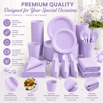 Tinybee 352 Pcs Lilac Plastic Plates, Disposable Dinnerware Set for 50 - color: Lavender
