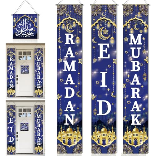 DPKOW 2 In-1 Ramadan Eid Decorations for Home, 4pcs Blue Gold Ramadan Mubarak Banner Eid Mubarak Door Couplets Decorations Islamic Muslim Welcome Porch Sign, Fabric - color: Blue Gold