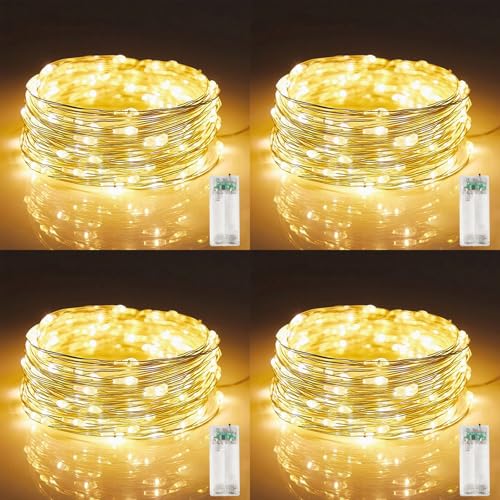4 Pack Fairy String Lights,6.56FT 20LED,2AA Battery Operated,Timer Founction,Copper Wire String Lights, IP65 Waterproof,Indoor/Outdoor flexible for DIY ,Party, Bedroom, flowers decoration(Warm White) - size: 4PACK-2AA Battery -6.56FT/20LED-Warm white