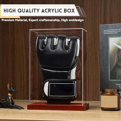 MMA Glove Display Case - No Assembly - Clear Acrylic Showcase with Wood Base, UV Protection Souvenirs and Collectibles Box (MMA Single Glover Holder, Rectangle)