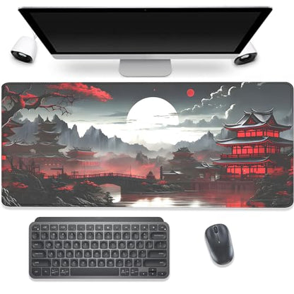 Japanese Riverside Full Moon Desk Pad Mouse Pad,Extended Large Gaming Mouse Mat with Stitched Edges,Non-Slip Waterproof Rubber Base Mousepad for Office Work Home Desk Mat(27.5X11.8 in) - color: Japanese Sunset