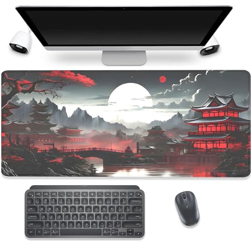 Japanese Riverside Full Moon Desk Pad Mouse Pad,Extended Large Gaming Mouse Mat with Stitched Edges,Non-Slip Waterproof Rubber Base Mousepad for Office Work Home Desk Mat(27.5X11.8 in) - color: Japanese Sunset