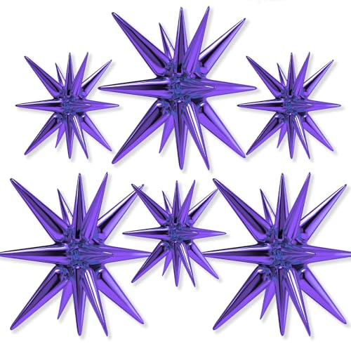 PartyWoo Purple Star Foil Balloons 6pcs Different Sizes Pack of 27 22 Inch Large Lavender Explosion Spike Mylar Balloons for Birthday Bachelorette Anniversary Engagement Butterfly Party Decorations - color: Purple, size: 6 PCS - 27&22 Inch