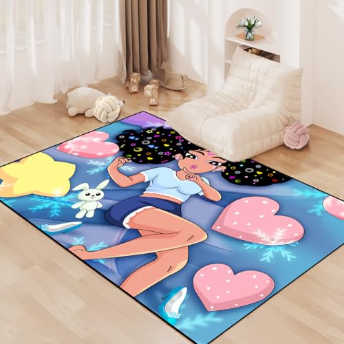 Black Girl Area Rug for Bedroom African Black Girls Floor Rugs for Living Room Playroom Cute Cartoon Anime Girls with Love Prints Carpets Home Decor Large Soft Yoga Mats, Blue, 5'×7' - color: G32, size: 5' x 7' (Rectangular)