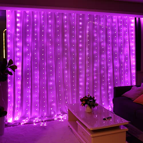 HXWEIYE 300LED Fairy Curtain Lights, 9.8x9.8Ft USB Plug-in 8 Modes Christmas String Hanging Lights with Remote for Bedroom Backdrop Wedding Indoor Wall Decor, Pink, Tangle-Free – 1 Pack - color: Pink, size: Regular