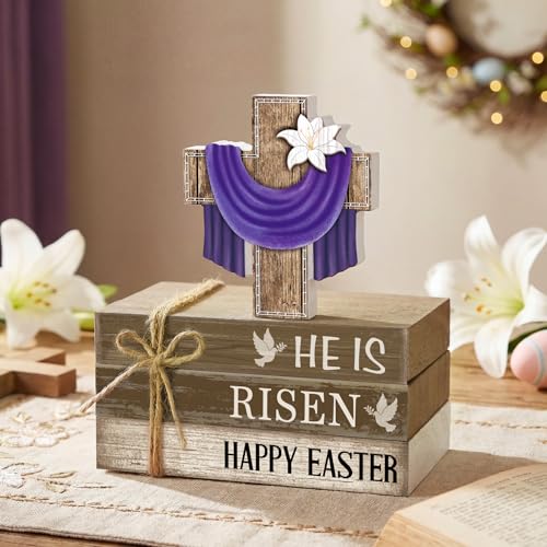 4 Pcs Easter Decorations He is Risen Wooden Sign Christian Table Centerpiece Religious Cross Tiered Tray Decor Decorative Faux Book Stack Block (Easter) - style: Easter