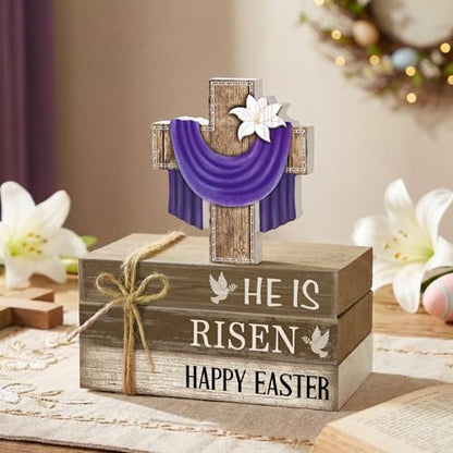 4 Pcs Easter Decorations He is Risen Wooden Sign Christian Table Centerpiece Religious Cross Tiered Tray Decor Decorative Faux Book Stack Block (Easter) - style: Easter
