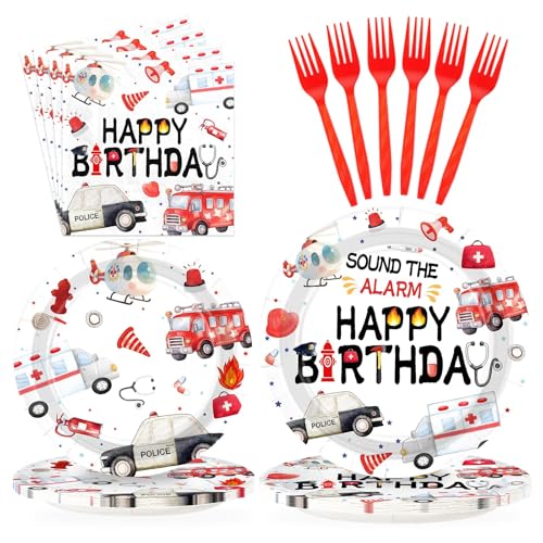 Grencian 96pcs Emergency Vehicle Birthday Party Decorations, Serves 24 - style: Rescue Vehicles Birthday Set