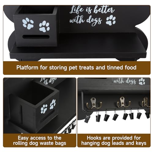 Wood Dog Leash Holder for Wall, Key Hangers with 3 Double Key Holder for Wall, Dog Stuff Organizer and Doggie Bone Key Hooks Wall Mount for Entryway, Farmhouse Treats, Black