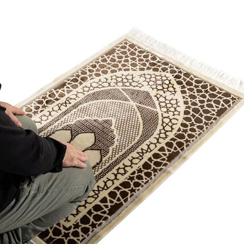 Modefa Turkish Islamic Prayer Mat - Velvet Janamaz - Intricate Praying Rug Ramadan Eid Gift - Traditional Muslim Seccade for Men Women - Saray (Mocha) - color: Mocha