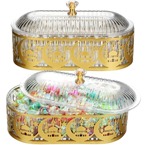 Willinglong 2 Pcs Ramadan Trays with Lid Eid Mubarak Gold Plates Dishes Table Decoration Muslim Islamic Serving Trays Metal Dessert Storage Container for Celebration (Ramadan Moon) - style: Ramadan Moon
