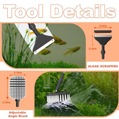 SEAOURA 7-in-1 Aquarium Cleaning Tool, Fish Tank Cleaner with Telescopic Handle,Aquariums Scraper,Adjustable Angle Brush,Gravel Rake,Plant Fork, Flat Sponge,Large Fishes Net,Hose Brushes