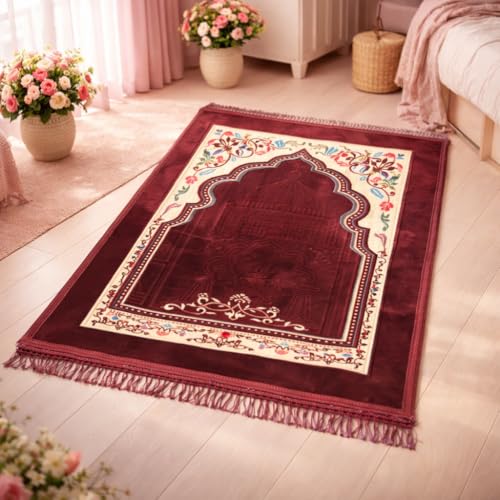 Prayer Mat for Muslim Men or Women, 70x110cm, Red | Portable, For Ramadan, Umrah, Hajj, Turkish Rug, For Meditation and Worship - color: Red