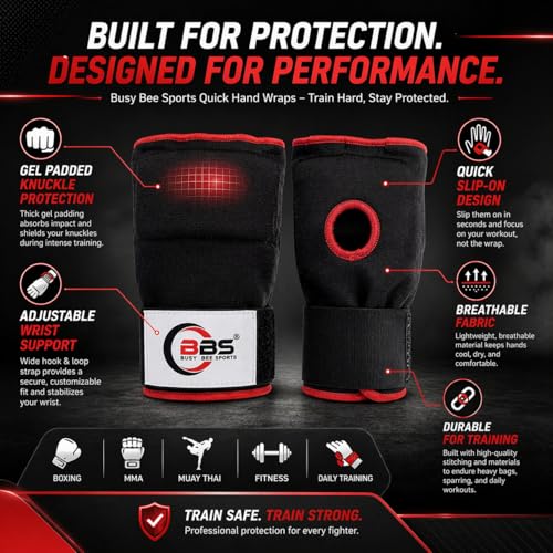 Busy Bee Sports Quick Hand Wraps for Boxing & MMA, Large Size (Snug Fit) – Gel Padded Inner Gloves with Wrist Support, Easy Slip-On Wraps for Men & Women, Breathable for Muay Thai & Kickboxing | Gel Padded Protection Snug Fit Design (Large) Breathable Mat
