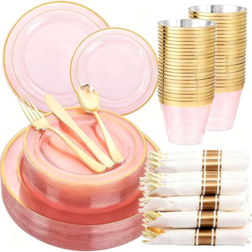 WELLIFE 350Pcs Clear-Pink Plastic Dinnerware- Pink and Gold Plastic Dinnerware include 50 Dinner Plates, 50 Dessert Plates, 150 Gold Silverware, 50 Cups and 50 Napkins Perfect for Parties - color: Clear Pink and Gold, style: 350PCS（50 Guests）