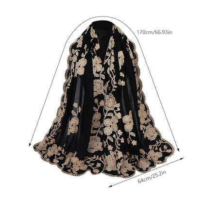 OhMill Black Hijab Scarf Soft Floral Embroidered Chiffon Headscarf Lightweight Lace Scarves Long Shawl Wrap for Women Wedding - color: Flower 1