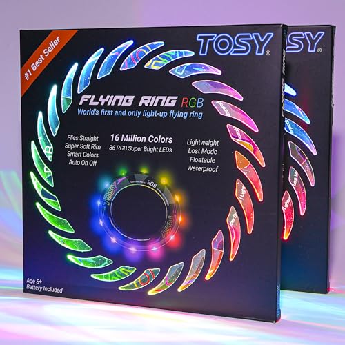TOSY Flying Ring - 36 RGB Multicolor or 12 Monocolor LEDs, Super Bright, Lost Mode, Auto Light Up, Camping Essentials for Kid/Teen/Boy/Girl, Safe & Soft, Waterproof, Pool/Beach Games, Lightweight Toy - color: 2x Rgb Rings