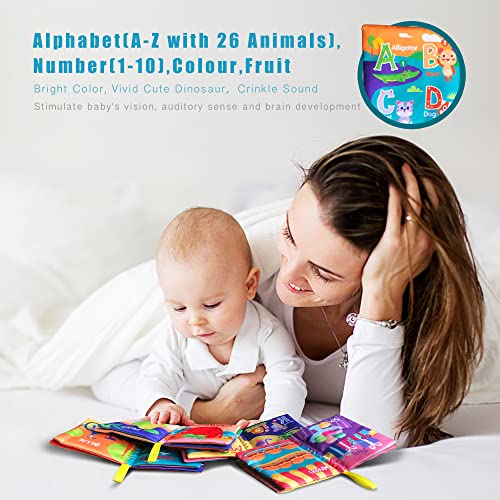 Soft Cloth Baby Books 4 Pack,ABC-Z&1-10&Colour&Fruit,Touch Crinkle Sensory Toys for Newborn Infants Toddler Non-Toxic Early Educational Preschool Learning Toy Gift 0-3 6-12 18 Months