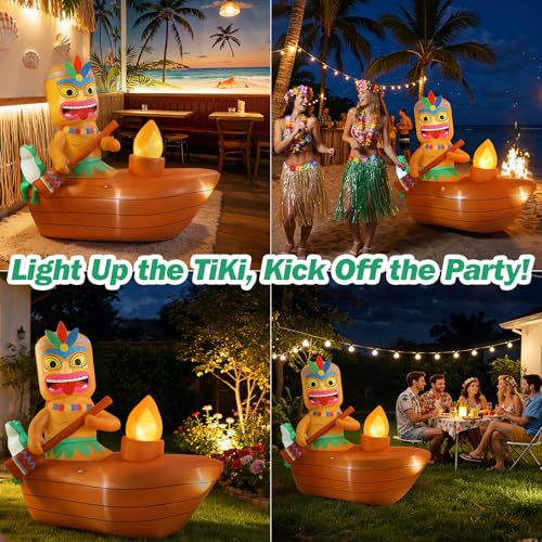 Lewondr 5.25FT Inflatable Tiki Luau Decor, Boat Luau Party Decorations, Blow up Hawaiian Outdoor Decorations with 6 LED Lights, Summer Outdoor Inflatables for Tropical Pool Beach Yard Lawn - style: Boat