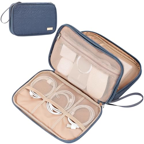 NISHEL Travel Cord Organizer Case, Double Layers Tech Electronic Bag, Essentials for Charger, Cable, Phone, Flash drive, Large, Aegean-Blue - color: Aegean-Blue, size: Large