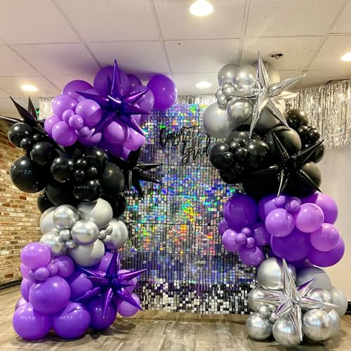 퍼플 및 블랙 풍선, 60팩 30.5cm(12인치) 다크 퍼플 라이트 퍼플 블랙 풍선 메탈릭 실버 색종이 조각 라텍스 풍선 졸업 할로윈 소녀 여성 생일 웨딩 파티 장식 - color: 블랙 퍼플 실버
