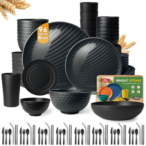 Teivio 96-Piece With Flatware Plastic Wheat Straw Dinnerware Set for 8 - color: Flatware Light Black
