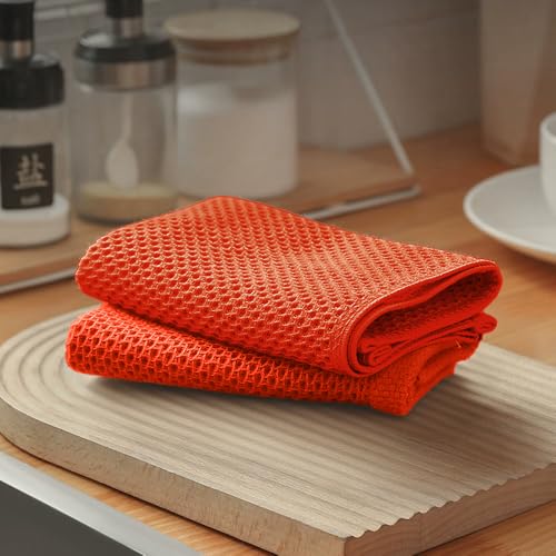 2 Pack 10 x 10 Inches Premium Microfiber Waffle Weave Kitchen Dish Cloths,Ultra Soft Absorbent Quick Drying Dish Towels,Dish Rags for Drying Dishes & Daily Kitchen Use,Orange - color: Bright Orange